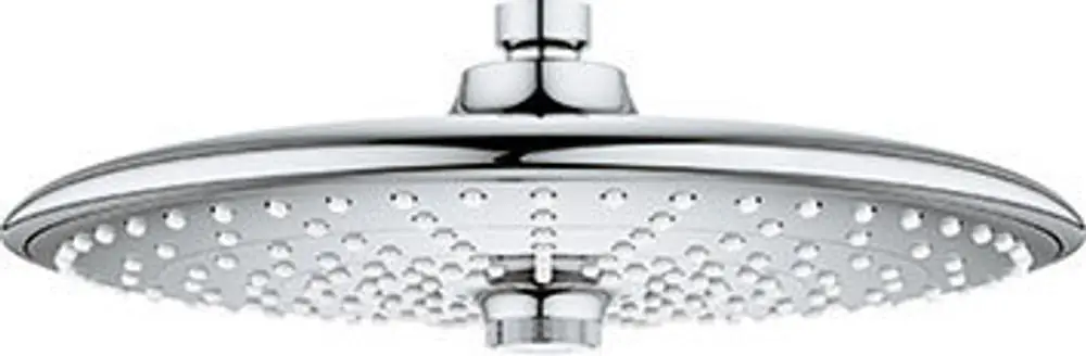 Grohe Duschelement mit flacher, runder Kopfbrause in Chromoptik. Die Oberfläche ist mit mehreren kleinen Wasseröffnungen für gleichmäßigen Wasserfluss gestaltet.