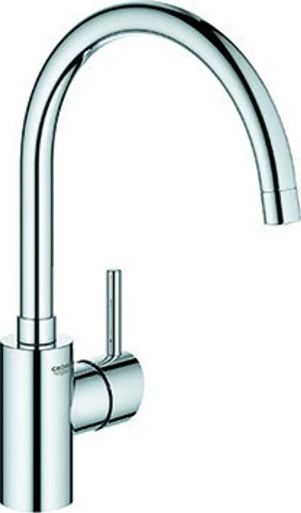 Hochkomfortable Küchenarmatur mit hohem Auslauf, verchromt, von Grohe. Die Armatur verfügt über einen seitlichen Hebel zur Regulierung von Wasserfluss und Temperatur.