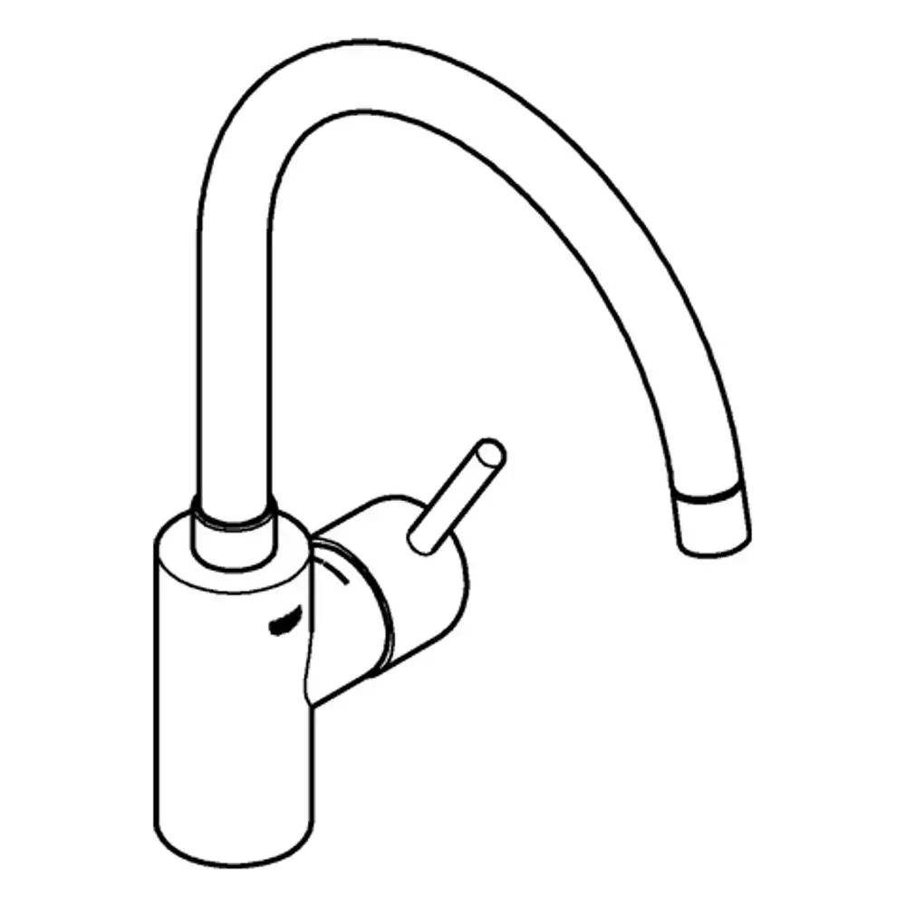 Ein Grohe Wasserhahn mit hohen Auslauf und einem flexiblen, gebogenen Sprührohr, das sich über ein Befestigungsfußsystem anbringen lässt.