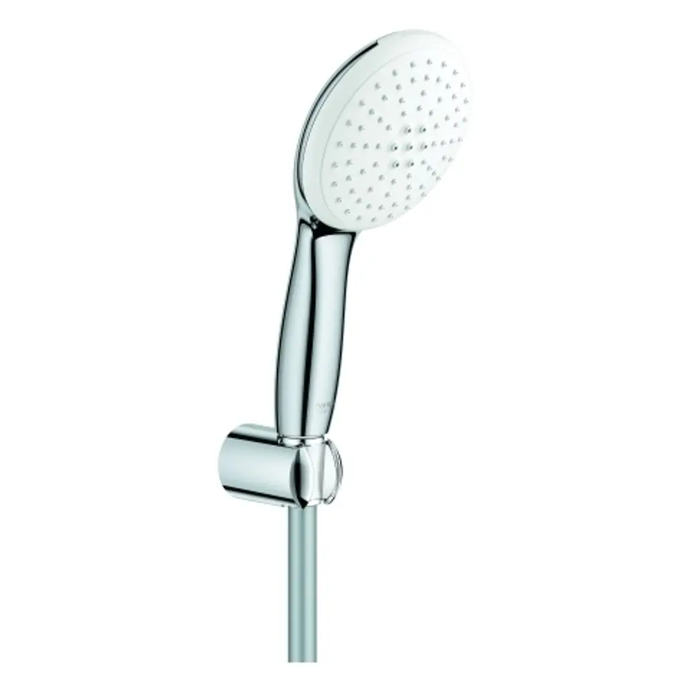 Handbrause von Grohe mit einem schlanken Design, montiert an einem Halter. Der Schlauch hat eine Länge von 1250 mm. Enthält verschiedene Strahlarten für die Nutzung.