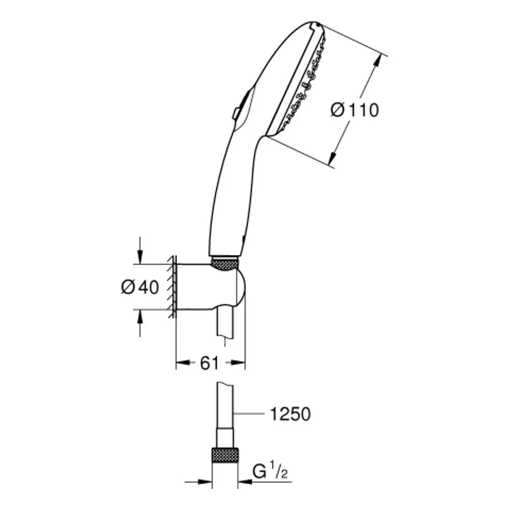 Grohe Wandhalterset mit Handbrause, einem Schlauch und zwei Strahlarten. Technische Zeichnung mit Maßen und Anschlüssen für die Installation.