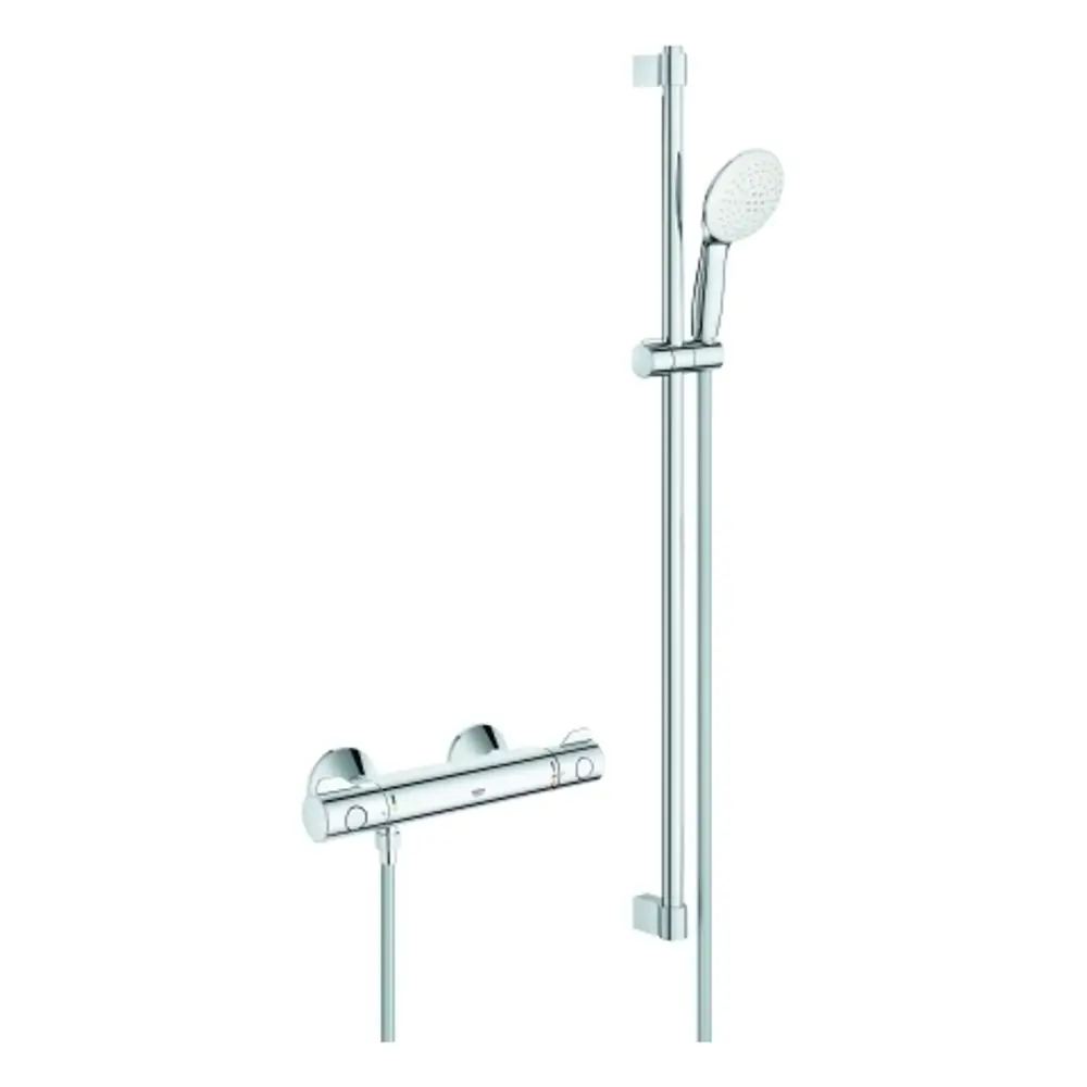 Brausebatterie und Brausegarnitur aus verchromtem Material, bestehend aus einer höhenverstellbaren Handbrause und einem Thermostatregler von Grohe.