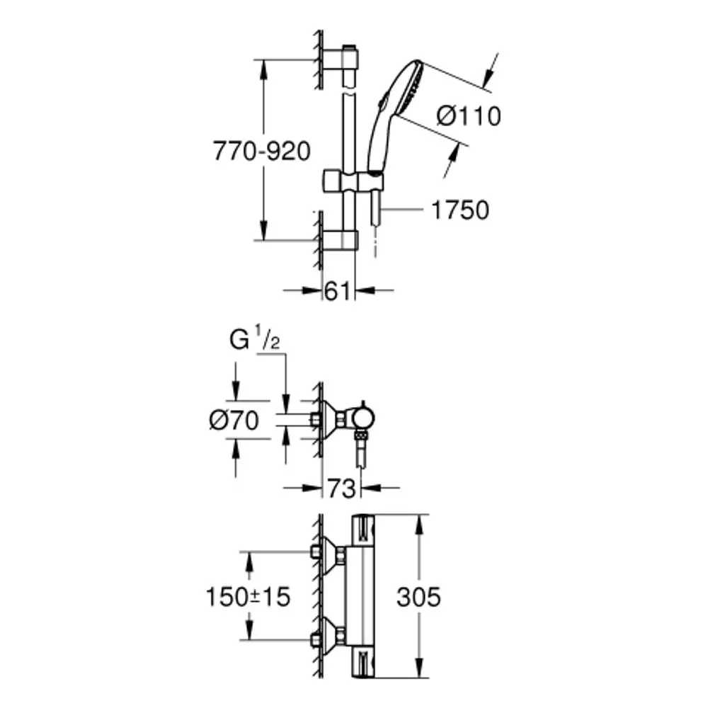 Grohe-Brausebatterie mit Handbrause und Halterung, montiert an vertikaler Stange, mit verschiedenen Längenmarkierungen und Anschlüssen.