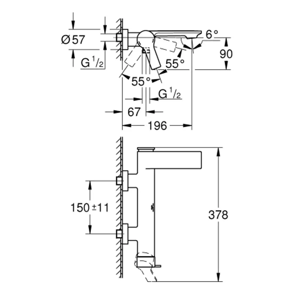 Wandmontierte Grohe Wannenbatterie mit einem Auslauf und einer Bedienungseinheit, dargestellt in einem technischen Diagramm mit Maßangaben.