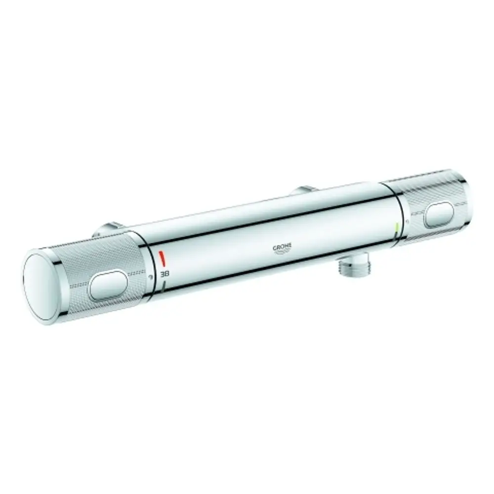 Chromfarbene GROHE Brausebatterie mit zwei Bedienelementen zur Temperatur- und Durchflussregelung, ohne angeschlossene Teile.