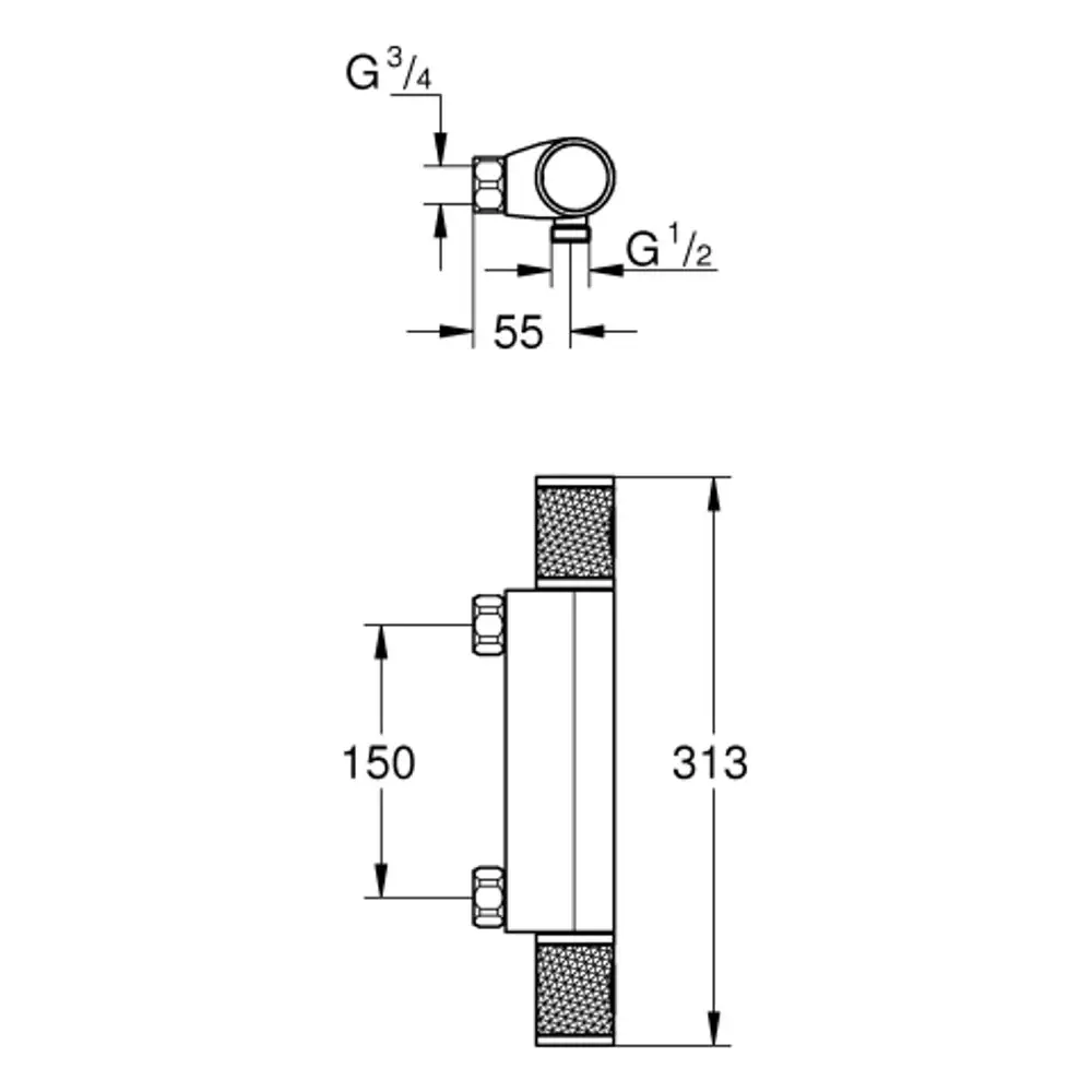 Grohe-Brausebatterie mit runder Form, seitlichem Anschluss und zwei Befestigungselementen, dargestellt in technischen Zeichnung für Montage und Maße.