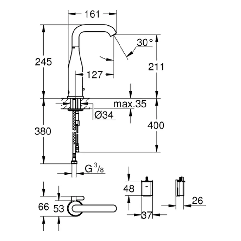 Grohe Armatur mit gebogenen Auslauf, Hebelgriff und Montagedetails, dargestellt in einem technischen Diagramm. Maße und Montagespezifikationen sind klar angegeben.