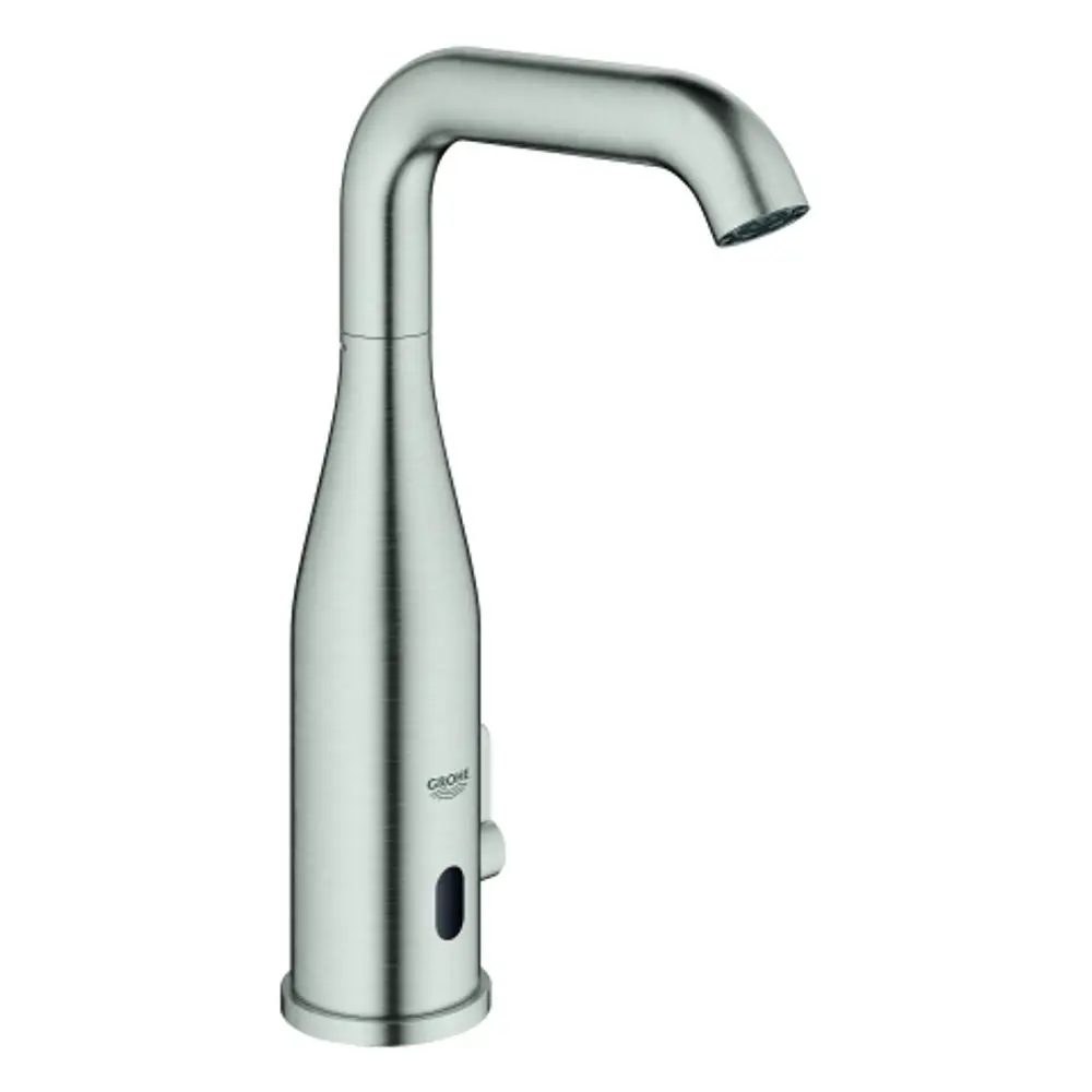 Grohe-Wasserhahn in Edelstahloptik mit einem gebogenen Auslauf und einem seitlichen Hebel zur Steuerung des Wasserflusses.