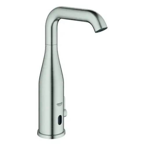 Grohe-Wasserhahn in Edelstahloptik mit einem gebogenen Auslauf und einem seitlichen Hebel zur Steuerung des Wasserflusses.