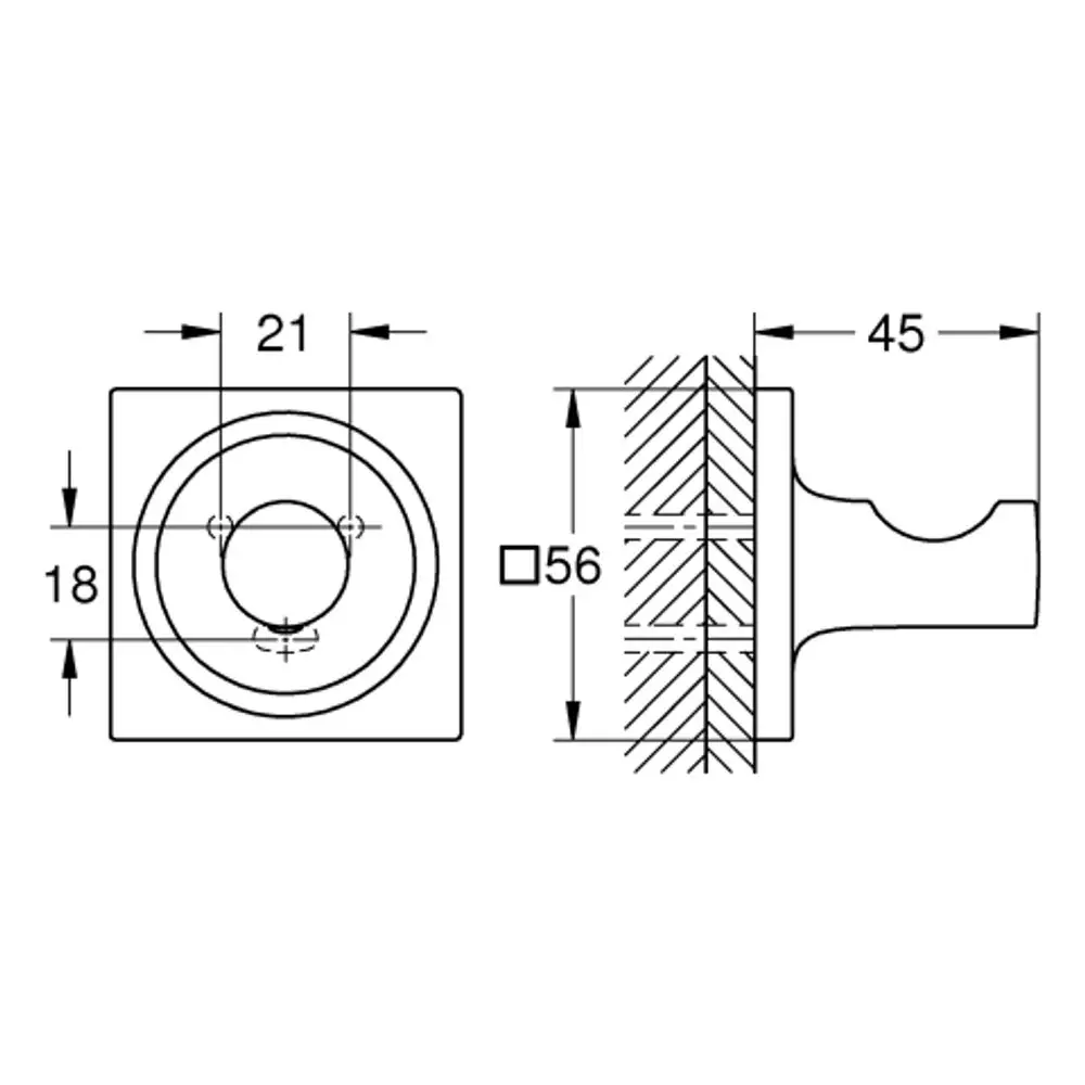 Wandhaken aus Metall mit quadratischer Basis und runder Aufhängung, geeignet für Badezimmer. Das Design weist eine gebürstete Oberfläche auf, typischerweise von Grohe.