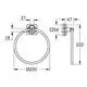 Grohe Handtuchring mit runder Form und robuster Wandmontage, dargestellt in einer technischen Zeichnung mit Abmessungen und Detailansichten.