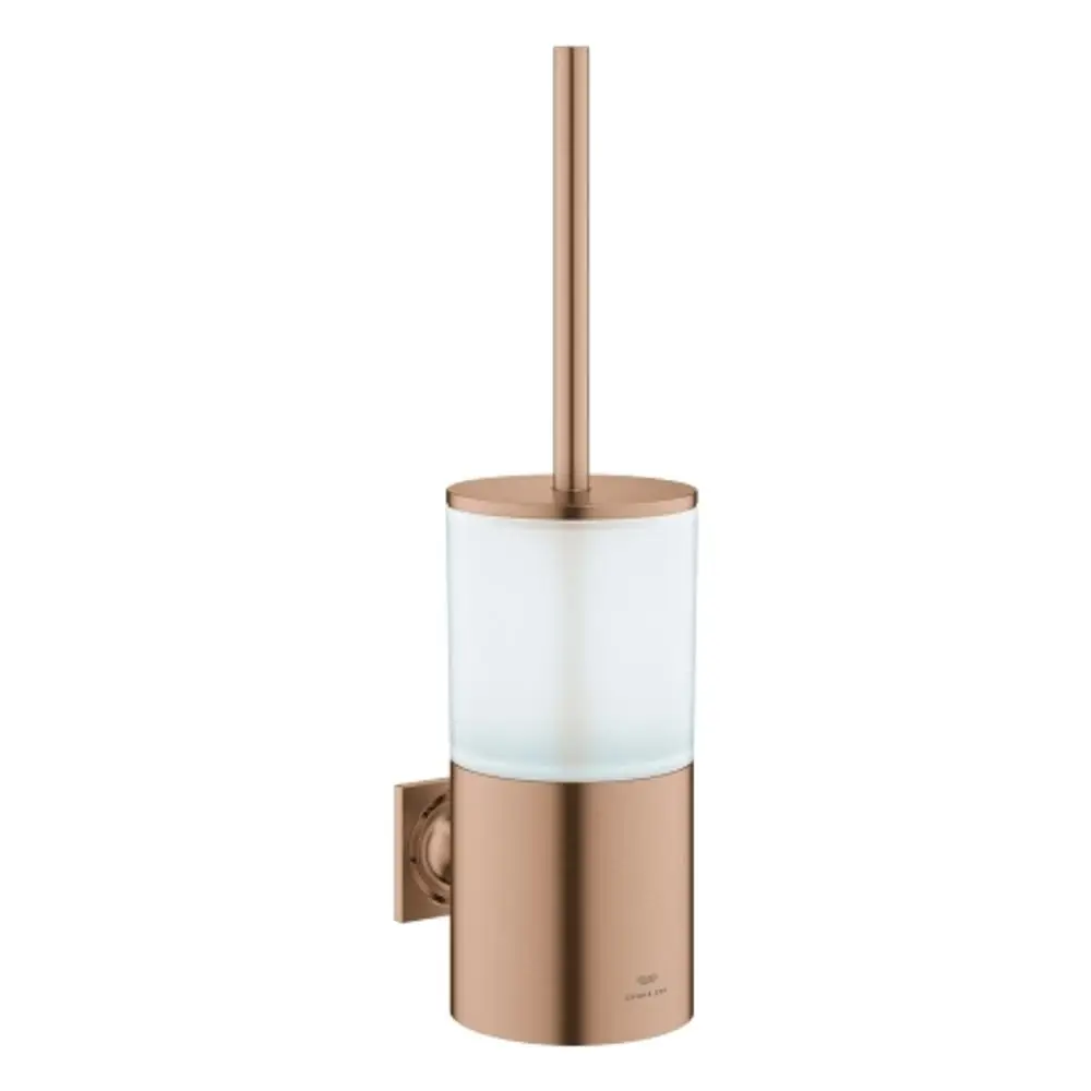 Wandmontierte WC-Bürstengarnitur in gebürstetem Kupfer von Grohe, bestehend aus einem zylindrischen Behälter mit bündigem Deckel und Stiel.