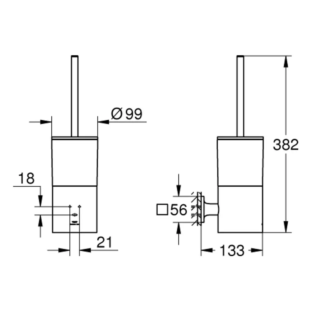 GROHE WC-Bürstengarnitur zur Wandmontage mit runder Basis und langem Griff, abgebildet im technischen Zeichnungsformat. Maße und Details sind schematisch dargestellt.