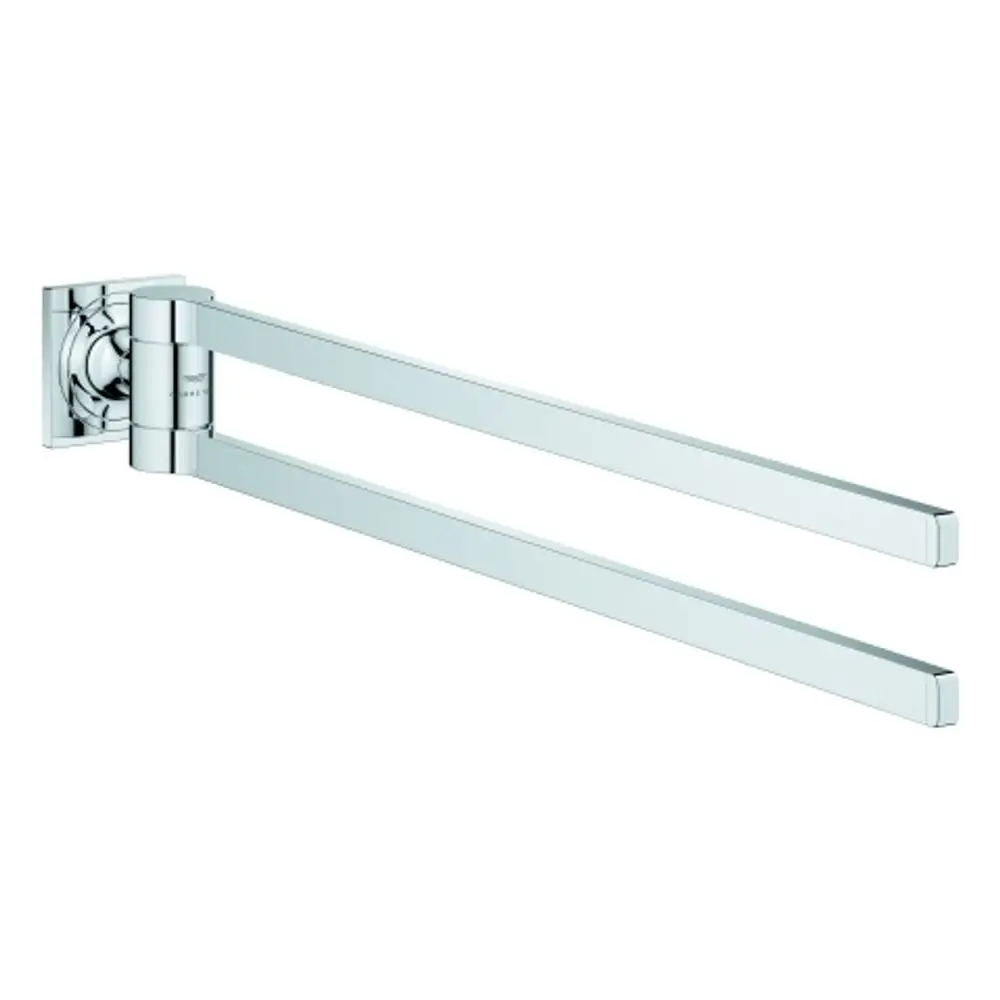 Grohe Doppel-Handtuchhalter aus verchromtem Metall, bestehend aus zwei parallelen, horizontalen Stangen, montiert an einer quadratischen Wandhalterung.