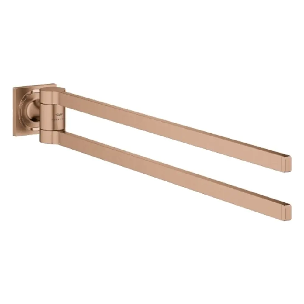Grohe Doppel-Handtuchhalter mit zwei parallelen Halterungen, montiert an einer Wand, in einer warmen, gebürsteten Metalloberfläche.