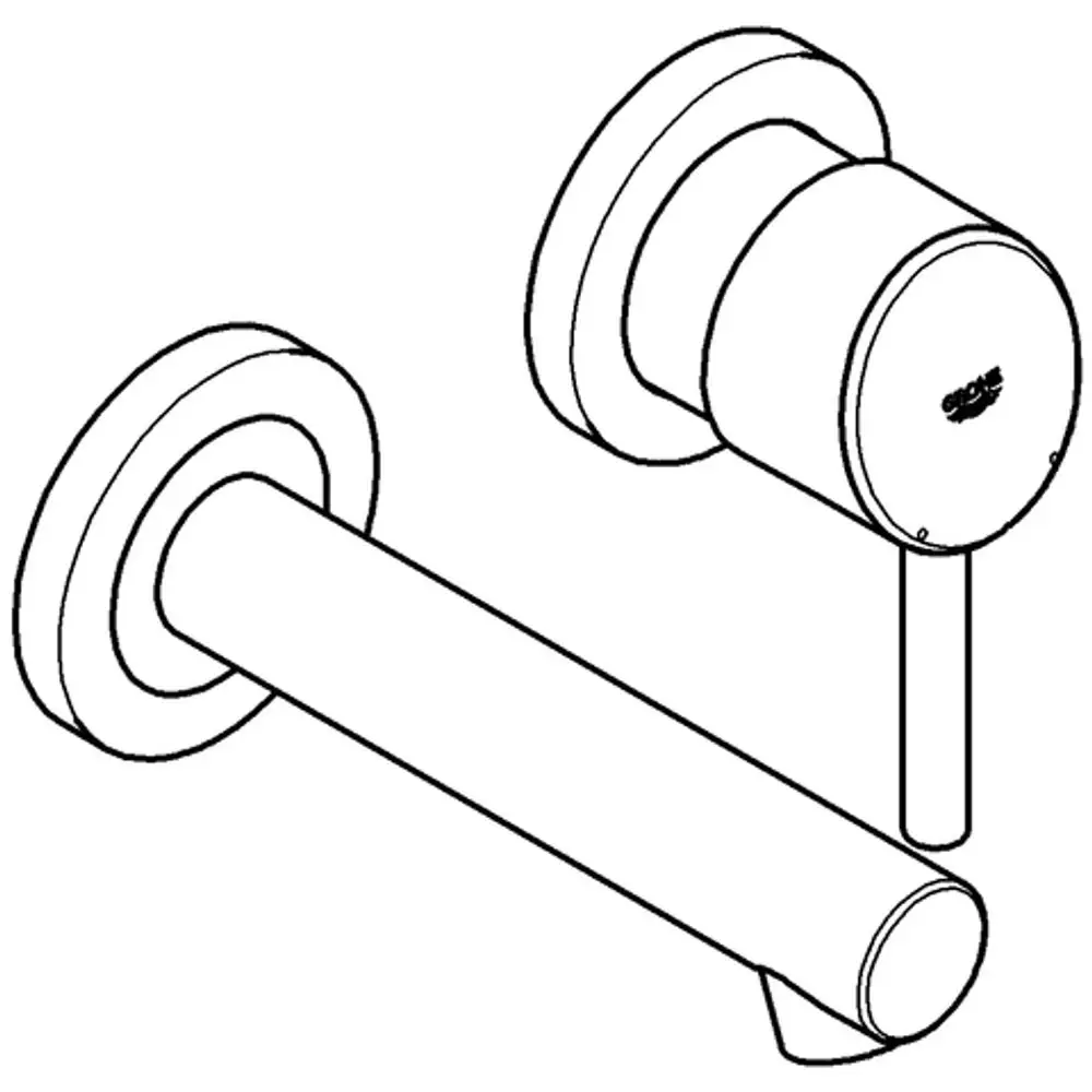 GROHE Wandarmatur in chrom mit einem runden Handgriff und einem langen Auslauf, montiert an einer Wand. Klarer, sachlicher Designansatz.