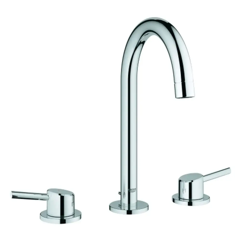 Grohe 3-Loch-Waschtischarmatur mit einem hohen, gebogenen Auslauf und zwei Steuerhebeln, die seitlich platziert sind. Oberfläche in chrom.