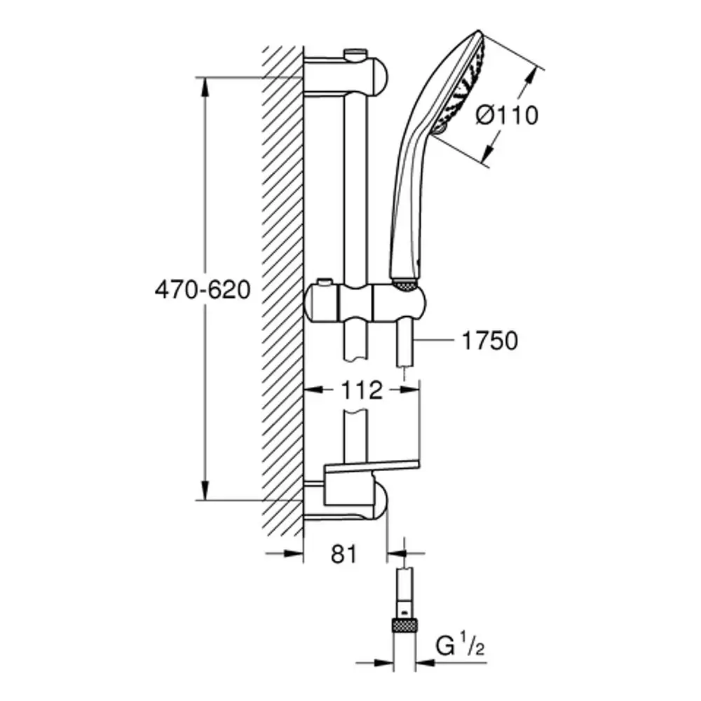Grohe Brausegarnitur mit Handbrause und Seifenschale, an der Wand montiert. Technische Maße und Anschlussdetails sind in der Zeichnung dargestellt.