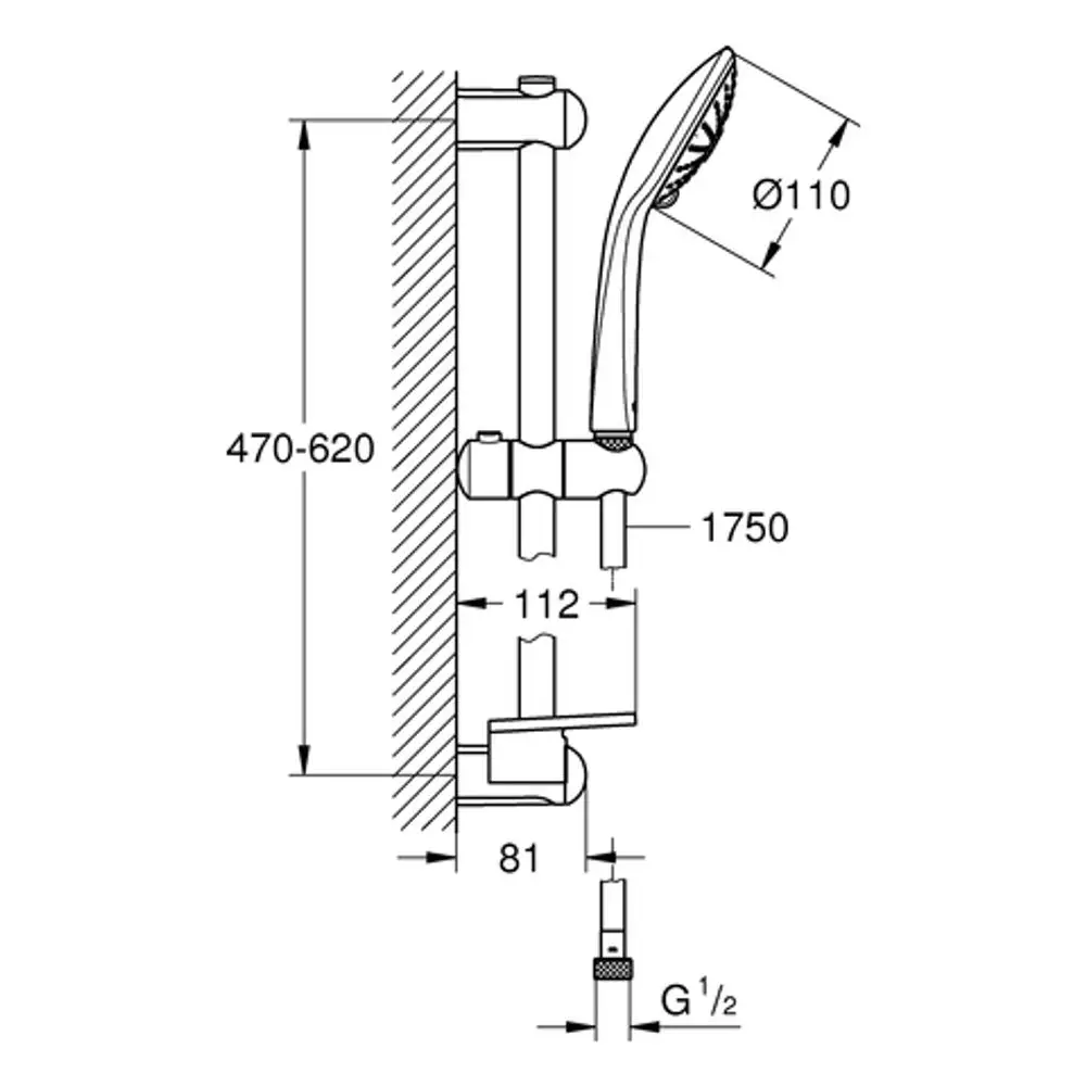 GROHE Duschkopf mit Halterung und Seifenschale, montiert an der Wand. Abmessungen und Anschlussarten sind im Diagramm skizziert.