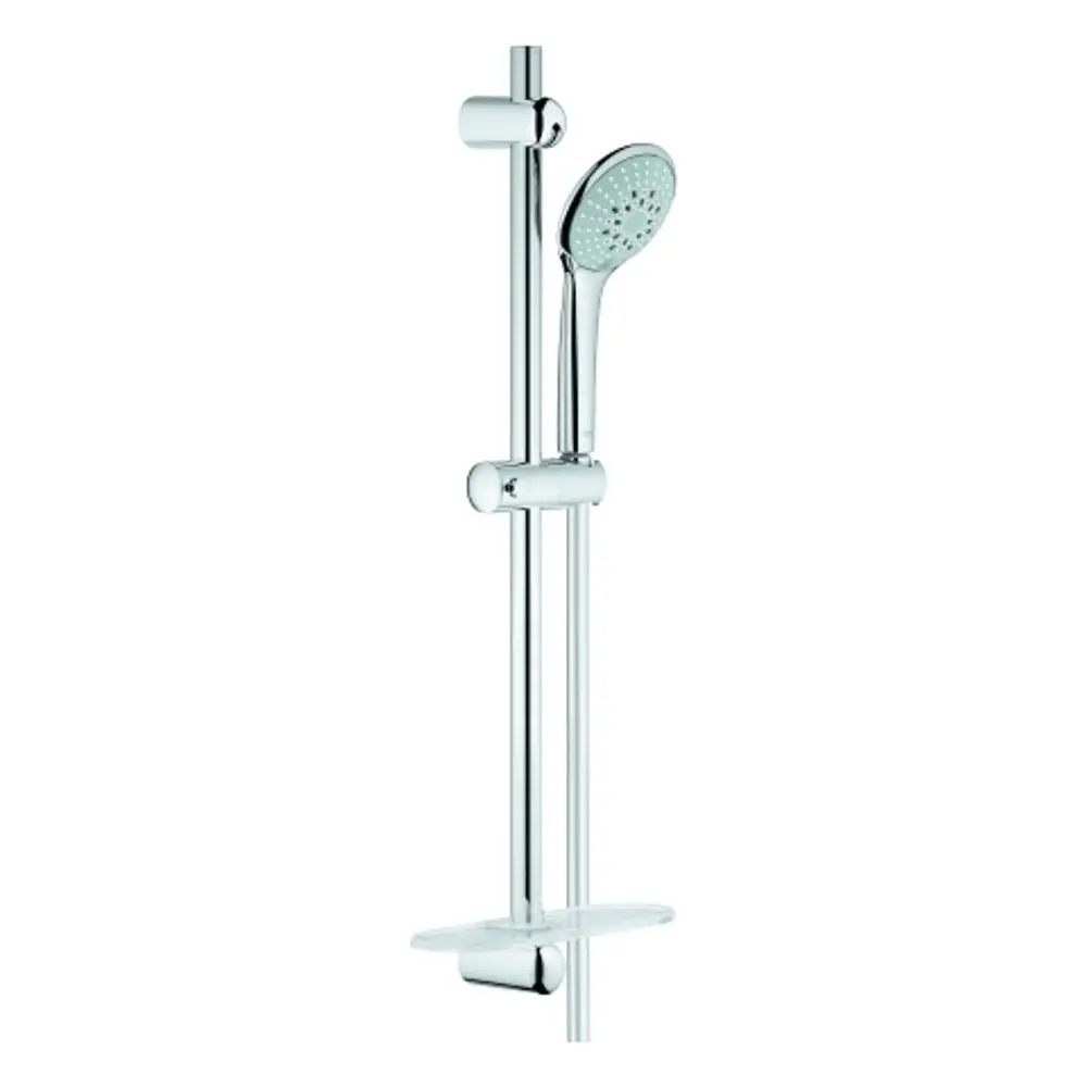 Grohe Duschsystem mit Handbrause an einer verstellbaren Stange, inklusive Halterung und Seifenschale, in chromfarbener Ausführung.