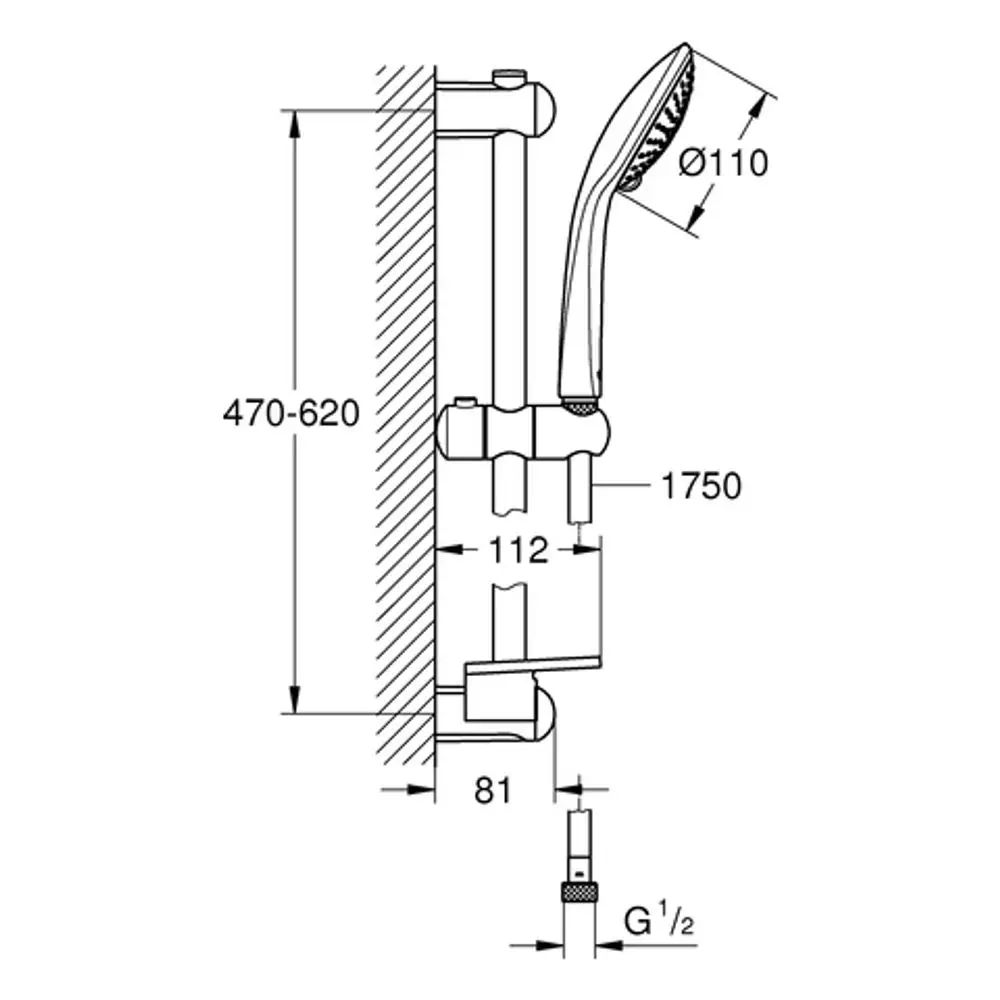 Grohe Duschsystem mit Handbrause und Halterung, Rohrführung mit Seifenschale, vertikal montiert, Wandanschluss mit sichtbaren Maßen und Anschluss mit G 1/2.