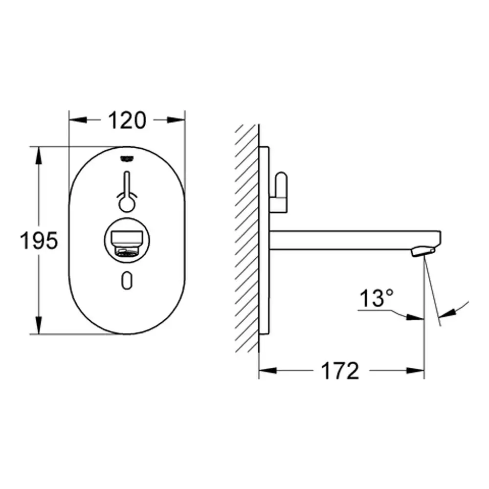 Technische Zeichnung einer Grohe IR-Elektronik mit Abmessungen und Montageinformationen, dargestellt aus Vorder- und Seitenansicht.