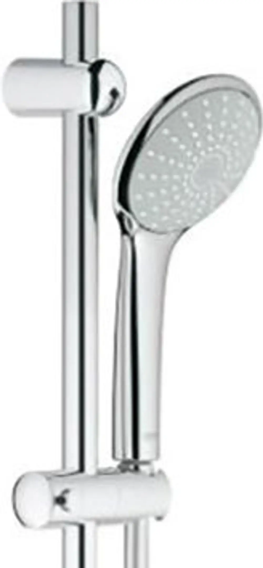 Grohe Brausegarnitur mit Handbrause und Halterung, montiert an einer senkrechten Stange. Verchromte Oberfläche. Seifenschale ebenfalls sichtbar.