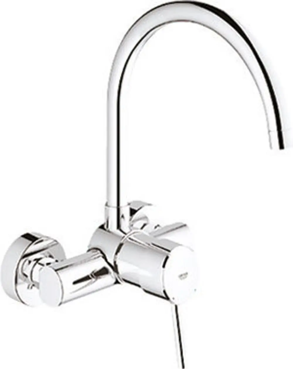 Chromfarbener Wandarmatur von Grohe mit einem gebogenen Auslauf und zwei Bedienelementen für Temperatur- und Durchflussregelung.