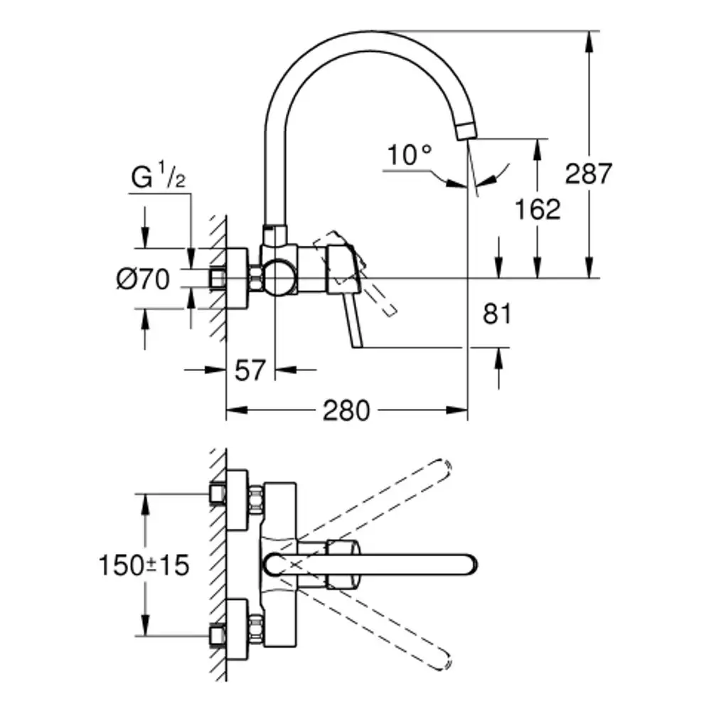 Wandmontierte Grohe Armatur mit einem gebogenen Auslauf. Verschiedene Maße sind im technischen Zeichnungsstil dargestellt, einschließlich Befestigungsdetails und Winkel.
