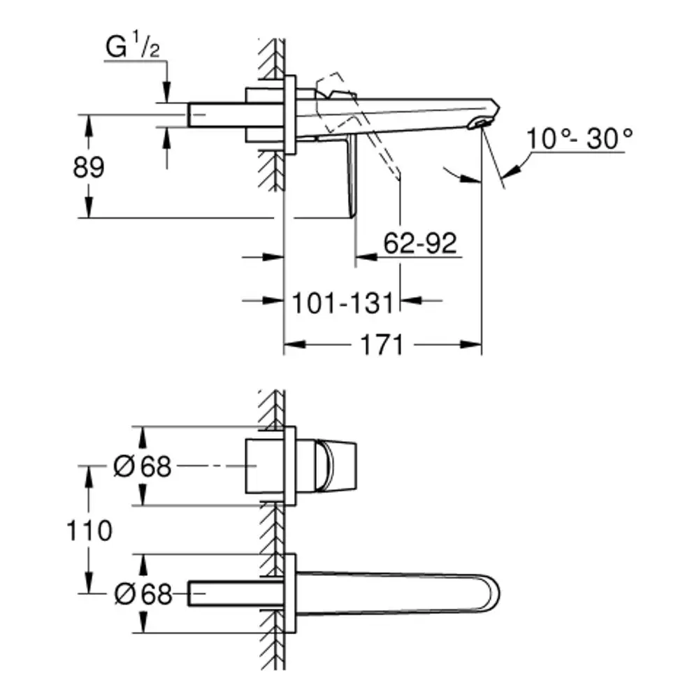 Grohe Waschbeckenarmatur im Montageansicht mit verschiedenen Abmessungen, einschließlich der Positionierung und Durchmesserangaben, in technischem Design.