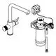 GROHE Armatur mit langem Auslauf und integriertem S-Filter. Darunter ein zylindrischer Wasserfilter mit Anschluss und Display zur Steuerung.