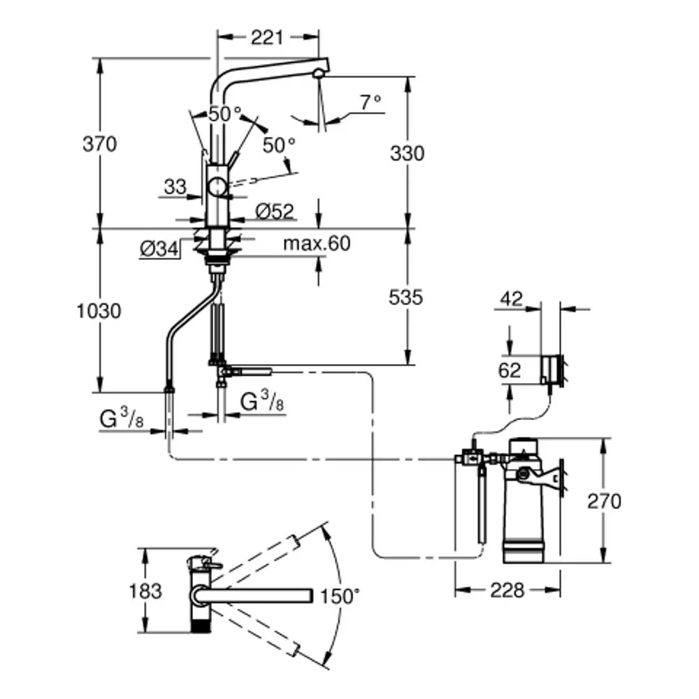 Technische Zeichnung eines GROHE Wasserhahns mit seitlichem Auslauf und Armatur, einschließlich Dimensionen und Anschlussdetails.
