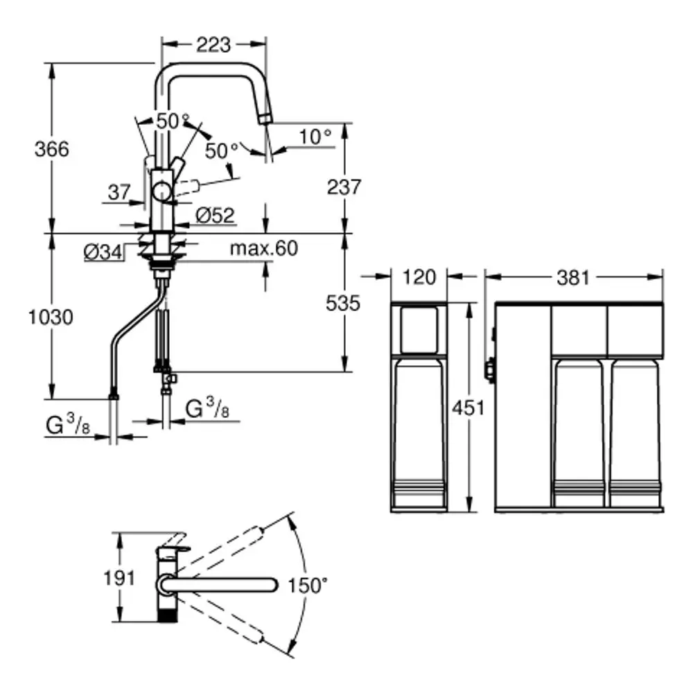 Technische Zeichnung eines Grohe-Armaturensets mit Abmessungen, einschließlich Wasseranschlüssen und Steuerhebel, dargestellt in verschiedenen Ansichten.