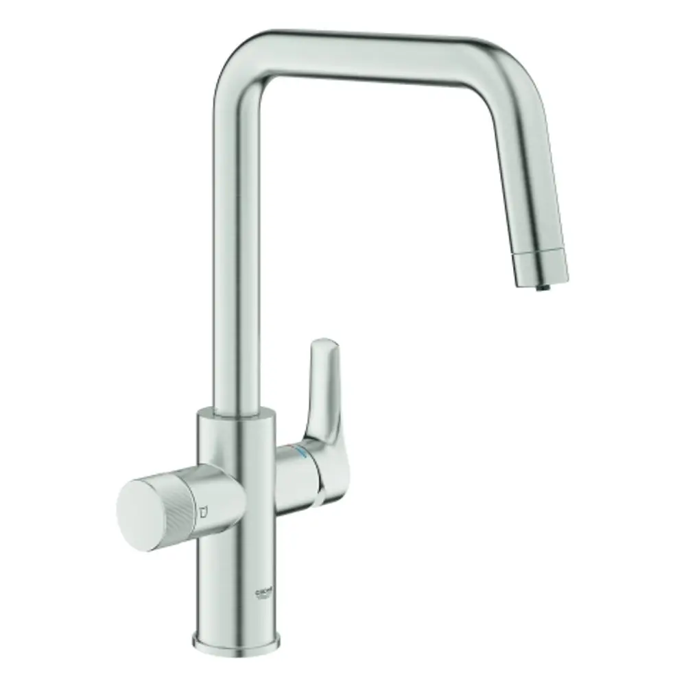 Küchenarmatur in Edelstahloptik mit schwenkbarem Auslauf und zwei Bedienelementen. Marke: Grohe. Einfaches, funktionales Design für den Einsatz in der Küche.