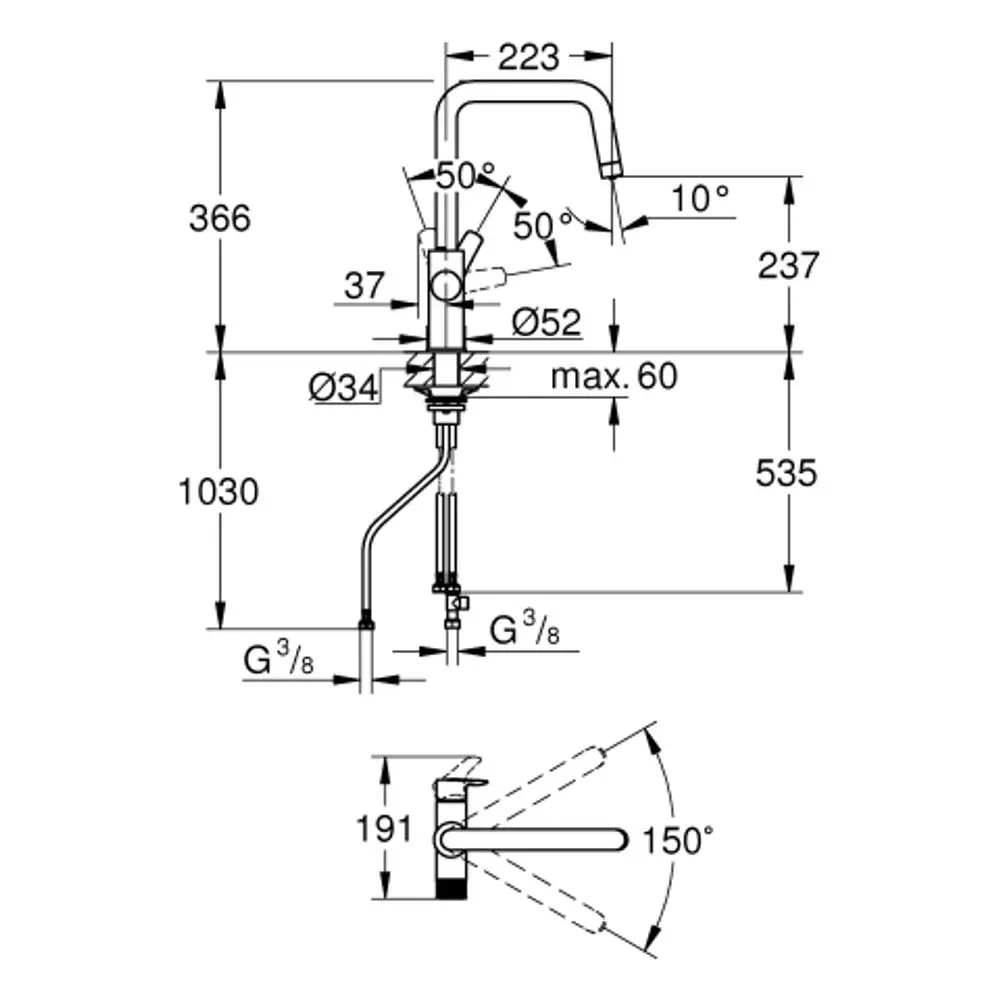 GROHE Küchenarmatur mit einem hohen Auslauf, seitlichem Bedienhebel und technischen Maßen, die eine flexible Handhabung ermöglichen. Übersichtliche Zeichnung mit Maßangaben.
