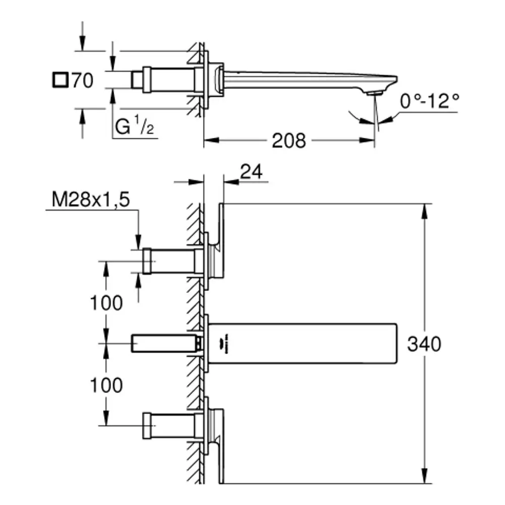 Wandbatterie von Grohe mit einer Ausladung von 208 mm. Anschluss für M28x1,5. Kompakte Bauweise, geeignet für Wandmontage.