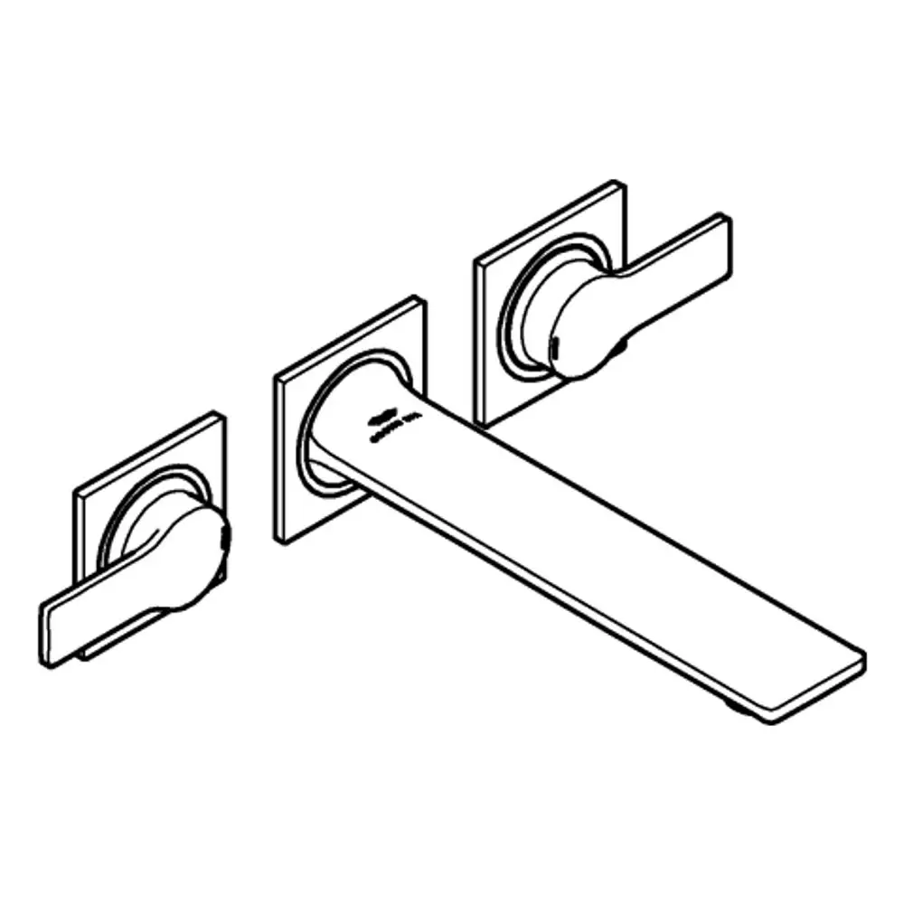 Wandmontierte Armatur von Grohe mit zwei Bedienelementen und einem langen Auslauf. Gestaltung in schlichter, funktionaler Form.