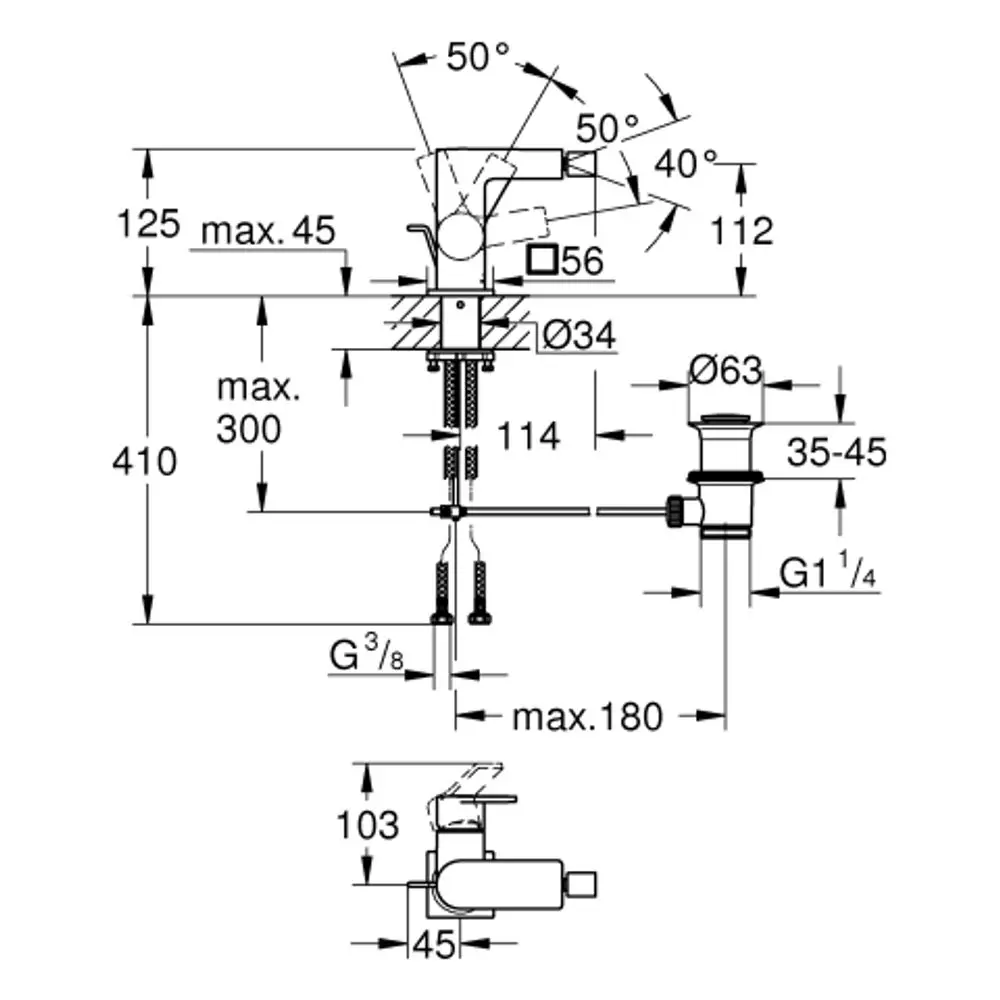 GROHE Bidetbatterie mit klaren Linien und schwenkbarem Wasserhahn. Technische Zeichnung zeigt Maße und Anschlussdetails.