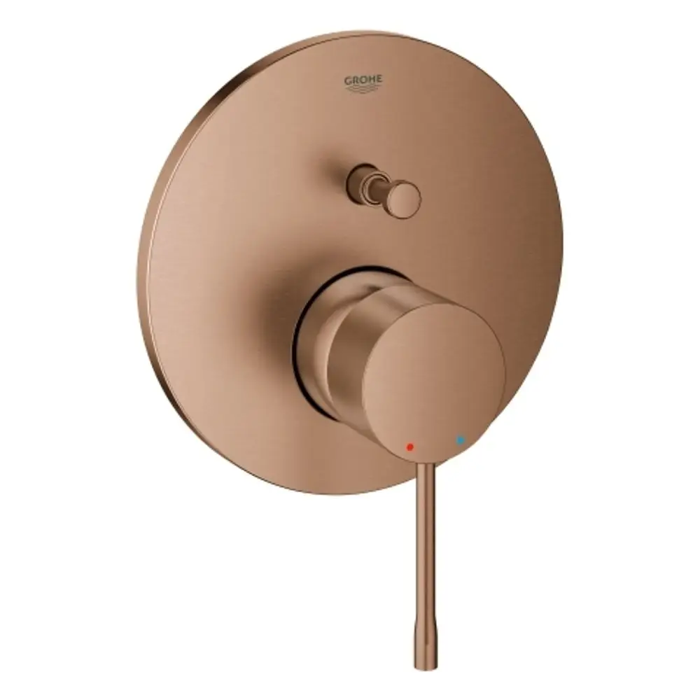 Wannenbatterie von Grohe in gebürstetem Roségold mit runder Abdeckplatte, einem Drehregler für die Temperatur und einem weiteren Schalter.