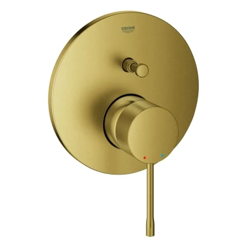 Wannenbatterie von Grohe in gebürsteter goldener Oberfläche mit runder Verkleidung, einem Bedienknopf und einem zusätzlichen Schalter für die Wassersteuerung.