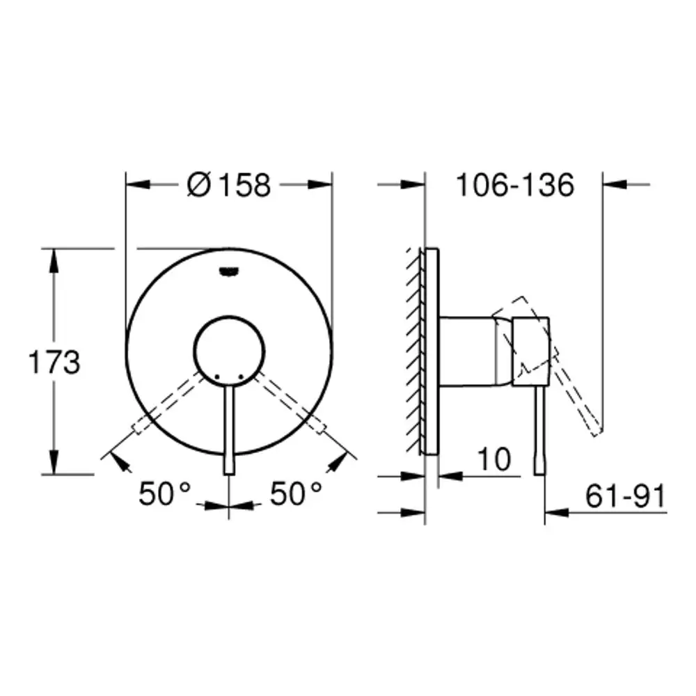 Grohe Mischbatterie mit runder Front, seitlicher Bedienhebel und verstellbarem Auslauf in grafitfarbenem Finish. Technische Zeichnung mit Abmessungen und Winkelangaben.