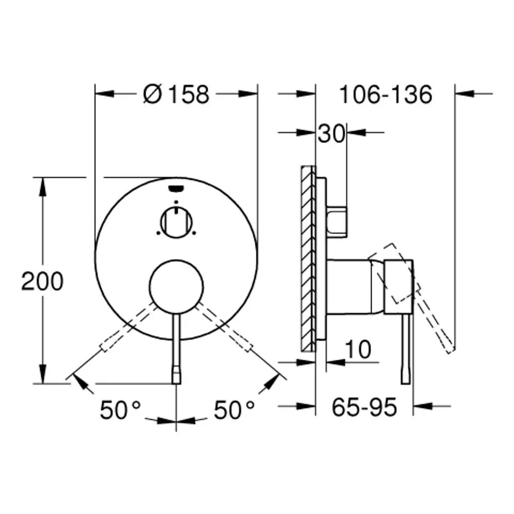 GROHE-Armatur mit runder Abdeckung und seitlichem Hebel, dargestellt in technischen Zeichnungen mit Maßangaben und Schnittansicht.