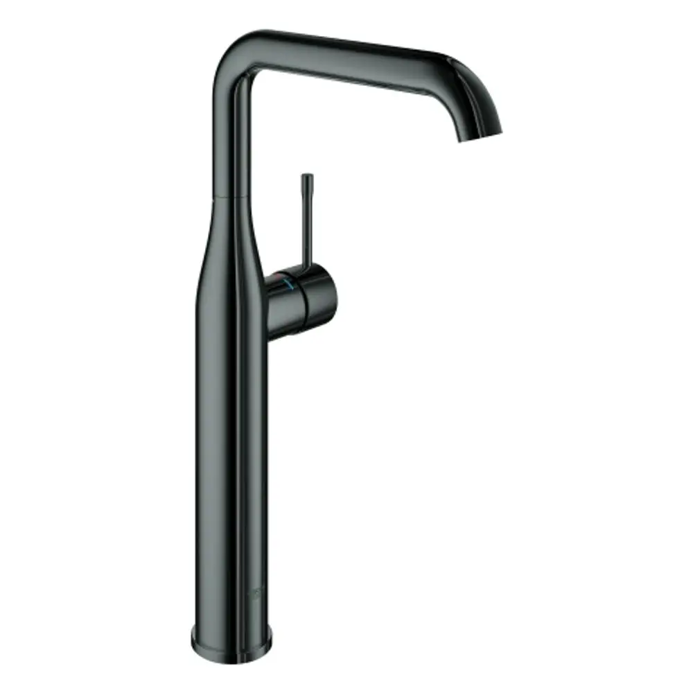 GROHE Waschbeckenarmatur in Hard Graphite mit hohem Auslauf und seitlichem Hebel zum regulieren von Wasserfluss und Temperatur.