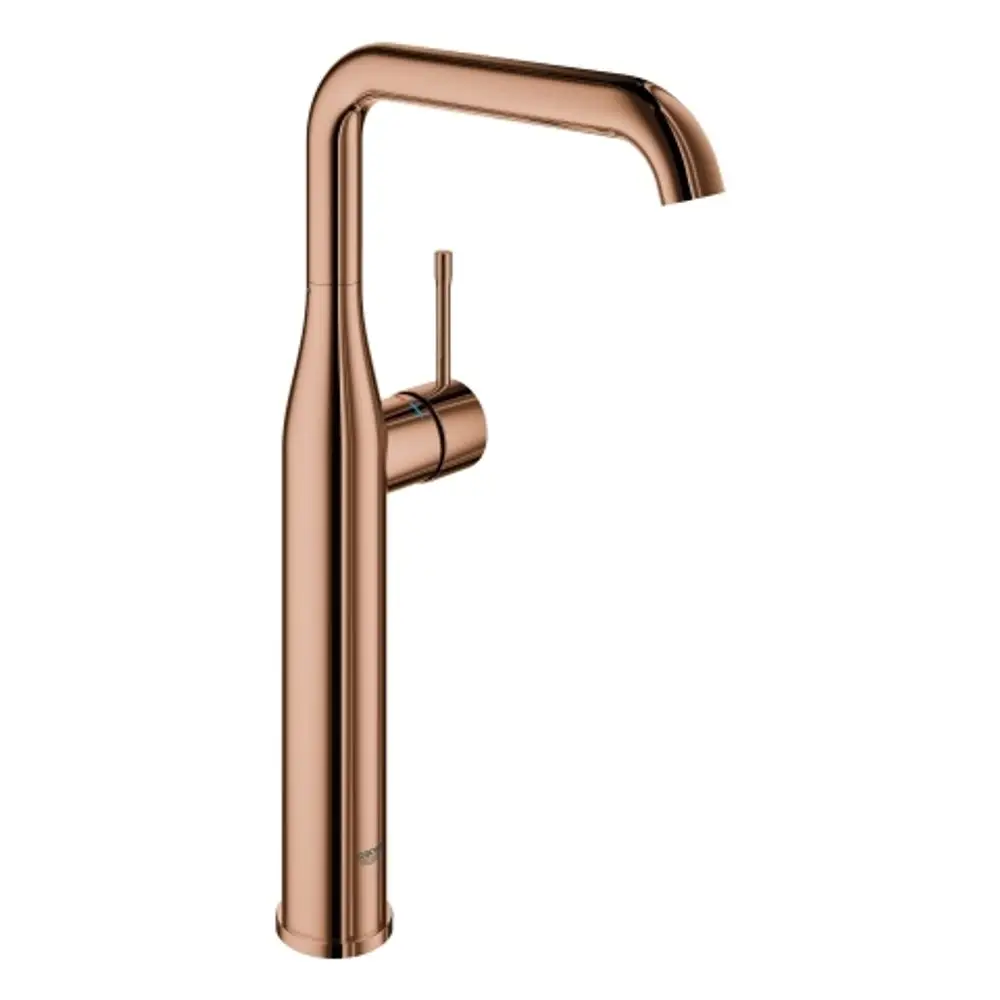 Grohe-Waschtischarmatur in Kupferoptik mit einem hohen, gebogenen Auslauf und einem seitlichen Bedienhebel für die Temperatur- und Wassermengensteuerung.