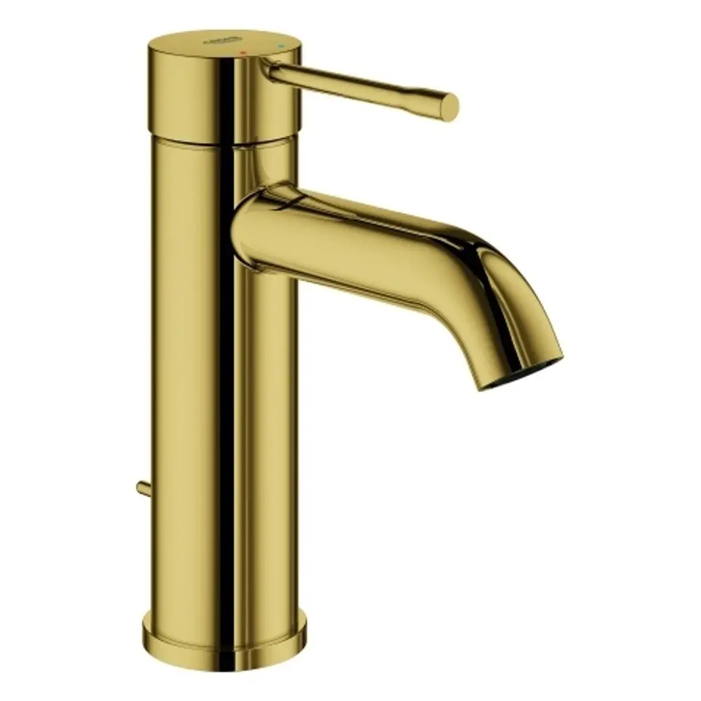 GROHE-Waschtischbatterie in glänzendem Gold mit einem langen, schwenkbaren Auslauf und einem Bedienelement zur Wasserregulation. Minimalistisches Design ohne sichtbare technische Elemente.