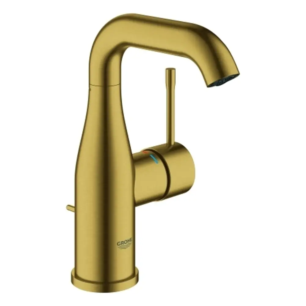 Goldfarbener Grohe Wasserhahn mit hohem Auslauf und seitlichem Hebel zur Temperatur- und Mengenregulierung. Auf der Vorderseite befindet sich das Markenlogo.