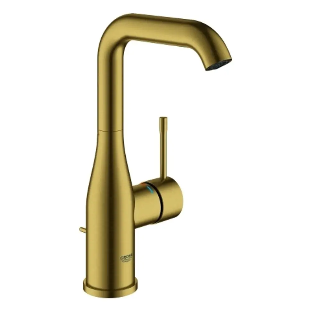 Grohe Wasserhahn mit hohem Auslauf in gebürsteter Goldfarbe. Einhebelmischer mit seitlichem Hebel, geeignet für moderne Waschbecken.