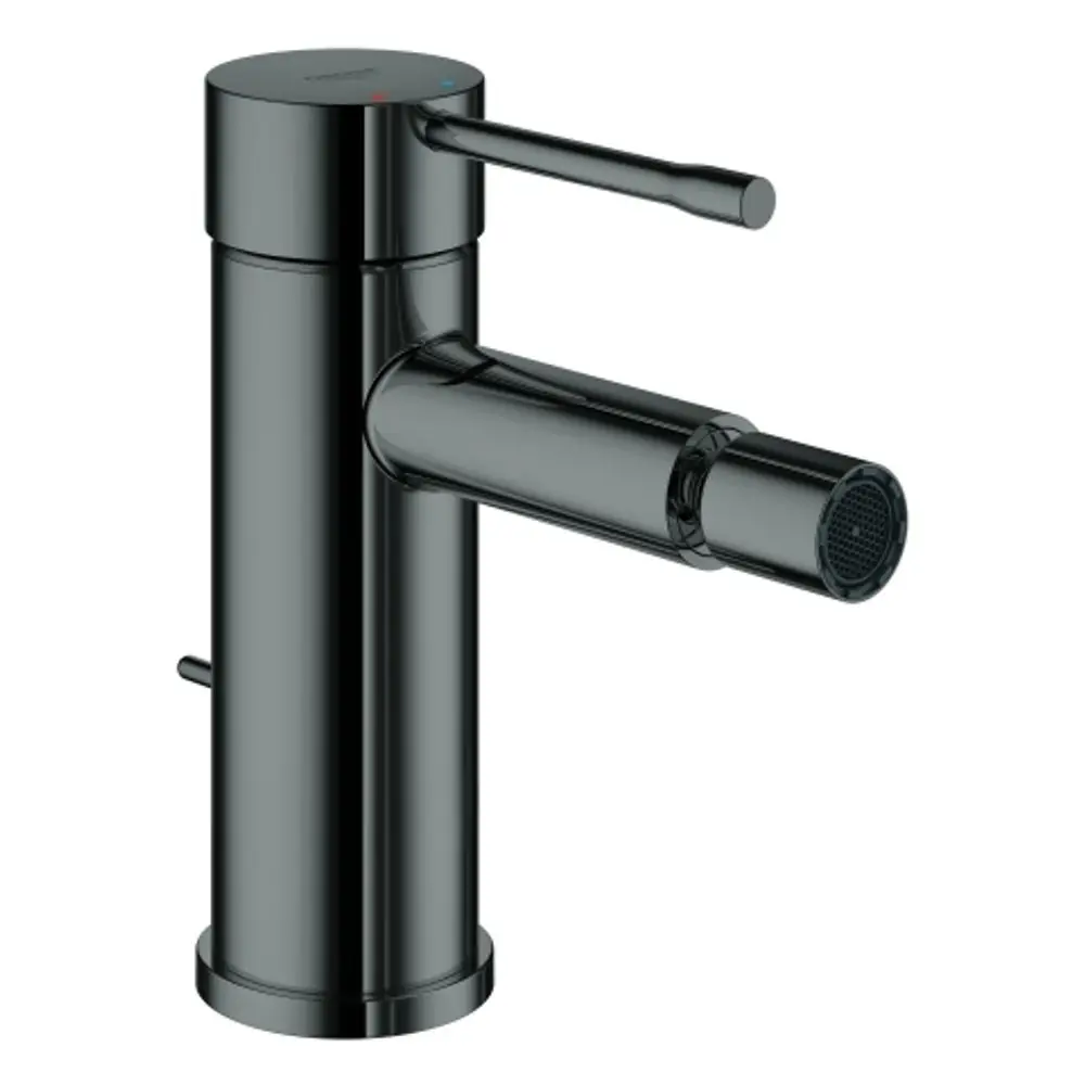 Einhand-Bidetbatterie in hartem Graphit von Grohe, mit einem schlanken, zylindrischen Design und einem Hebel zum Regulieren von Wasserfluss und Temperatur.