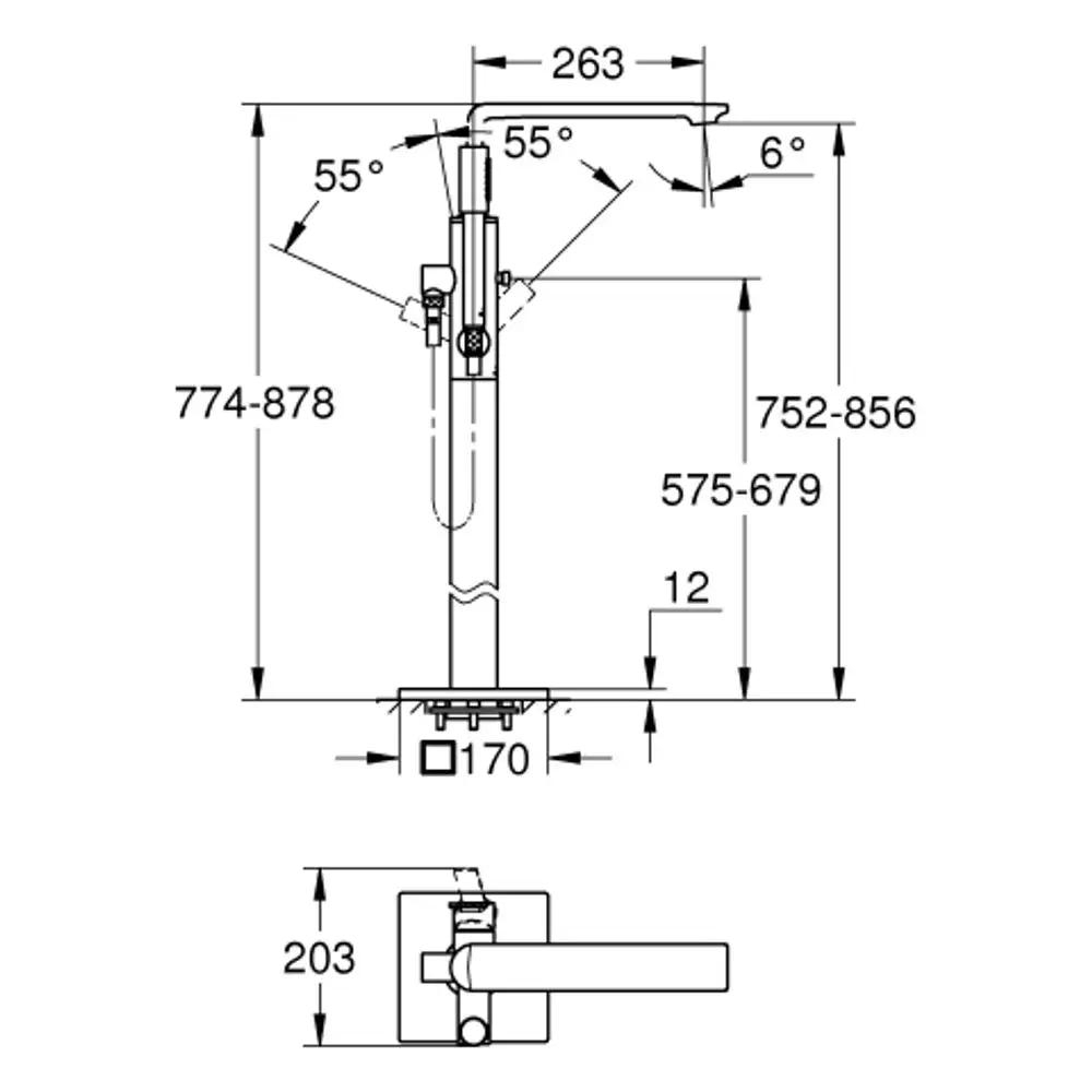Grohe-Wannenbatterie mit Bodenmontage und verstellbarer Höhe. Technische Zeichnung mit Maßangaben und Details zur Installation und Funktionsweise.