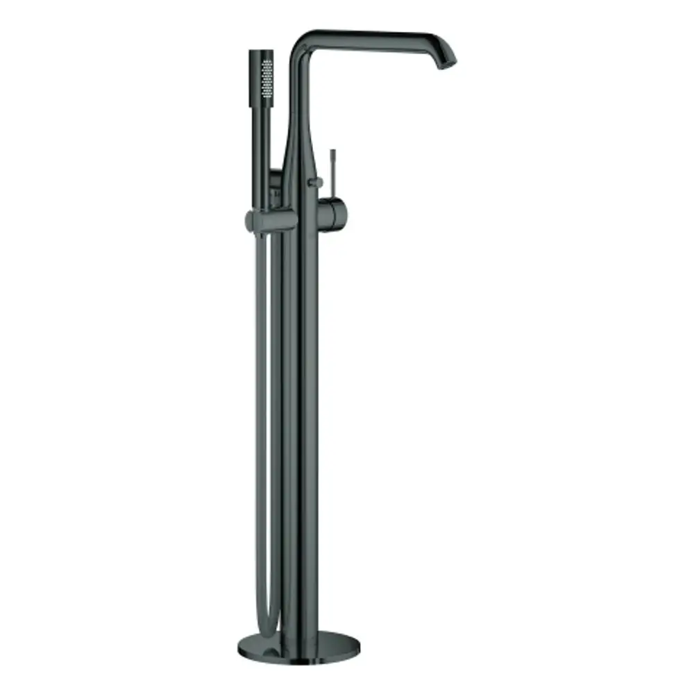 Grohe-Standarmatur in Dunkelgraphit mit hohen, geraden Linien. Wasserhahn mit separatem Handbrauseanschluss zur Bodenmontage.